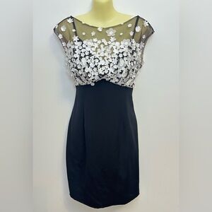 Marchesa Notte Black and White Floral Embellished Cocktail Dress
